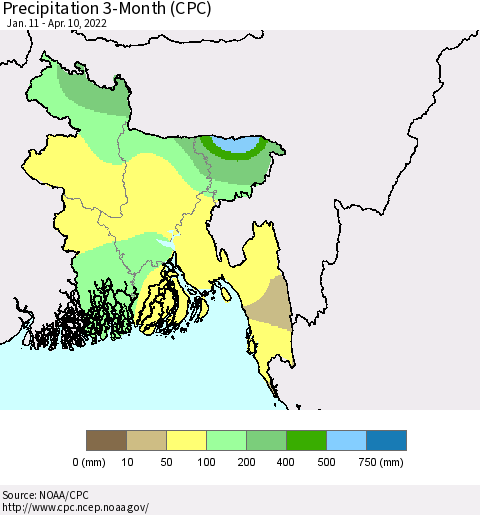 Bangladesh Precipitation 3-Month (CPC) Thematic Map For 1/11/2022 - 4/10/2022