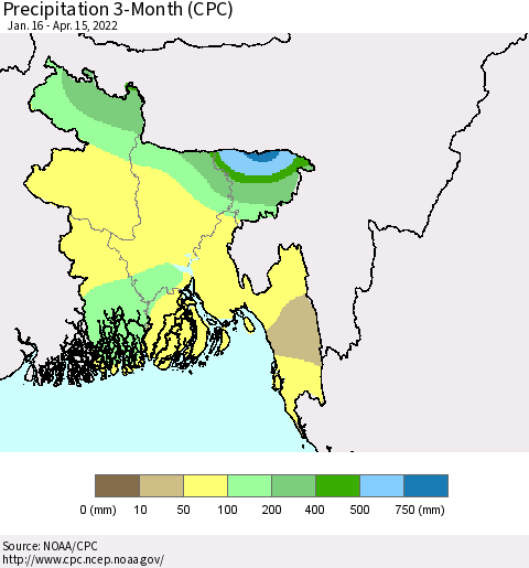 Bangladesh Precipitation 3-Month (CPC) Thematic Map For 1/16/2022 - 4/15/2022