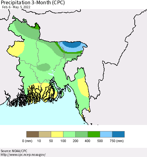 Bangladesh Precipitation 3-Month (CPC) Thematic Map For 2/6/2022 - 5/5/2022