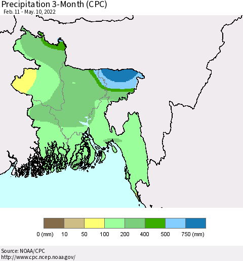 Bangladesh Precipitation 3-Month (CPC) Thematic Map For 2/11/2022 - 5/10/2022
