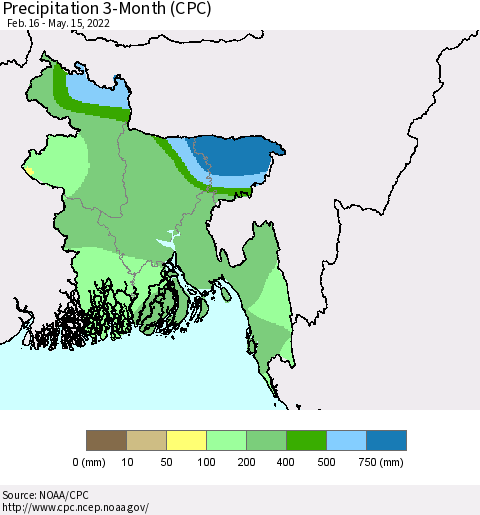 Bangladesh Precipitation 3-Month (CPC) Thematic Map For 2/16/2022 - 5/15/2022