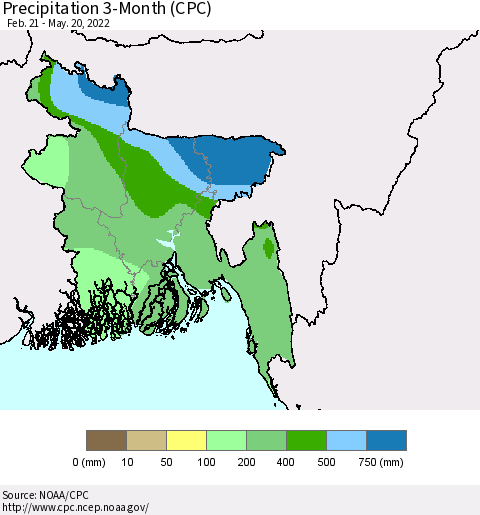 Bangladesh Precipitation 3-Month (CPC) Thematic Map For 2/21/2022 - 5/20/2022