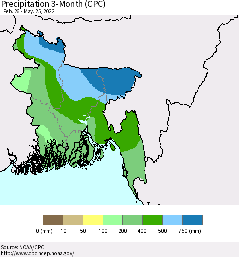 Bangladesh Precipitation 3-Month (CPC) Thematic Map For 2/26/2022 - 5/25/2022