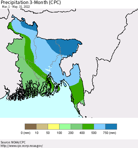 Bangladesh Precipitation 3-Month (CPC) Thematic Map For 3/1/2022 - 5/31/2022