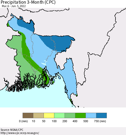 Bangladesh Precipitation 3-Month (CPC) Thematic Map For 3/6/2022 - 6/5/2022