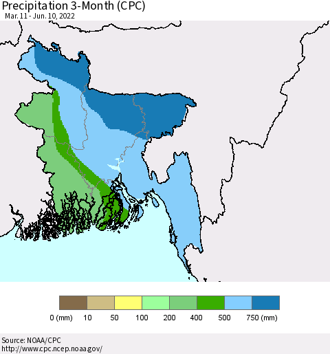 Bangladesh Precipitation 3-Month (CPC) Thematic Map For 3/11/2022 - 6/10/2022