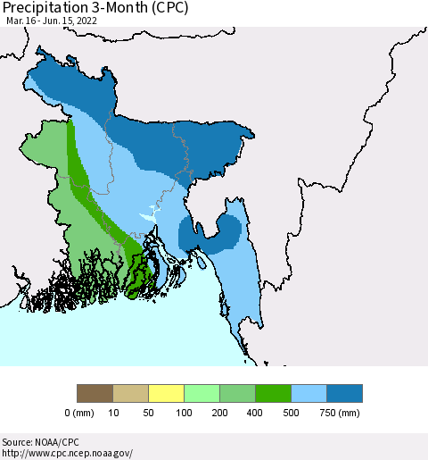 Bangladesh Precipitation 3-Month (CPC) Thematic Map For 3/16/2022 - 6/15/2022