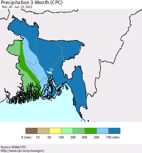 Bangladesh Precipitation 3-Month (CPC) Thematic Map For 3/26/2022 - 6/25/2022