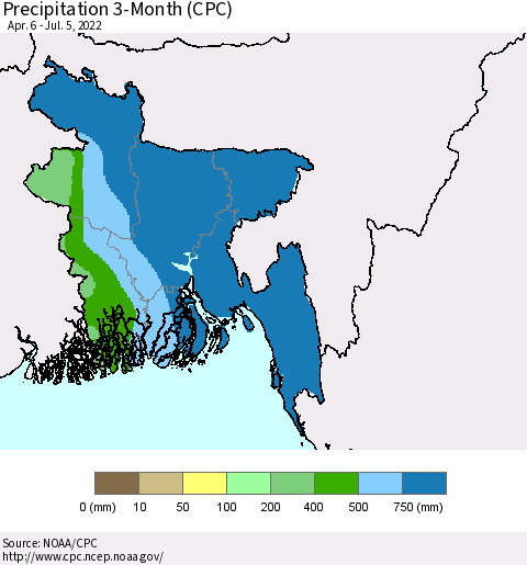 Bangladesh Precipitation 3-Month (CPC) Thematic Map For 4/6/2022 - 7/5/2022