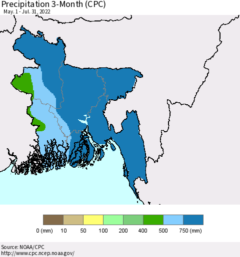 Bangladesh Precipitation 3-Month (CPC) Thematic Map For 5/1/2022 - 7/31/2022