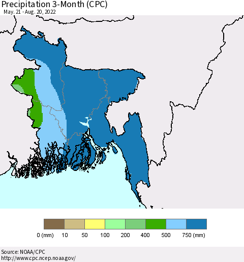 Bangladesh Precipitation 3-Month (CPC) Thematic Map For 5/21/2022 - 8/20/2022