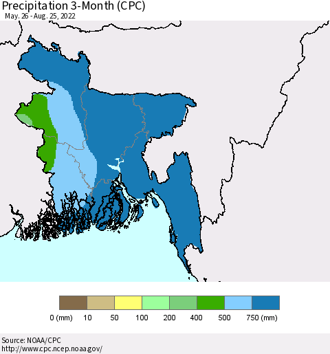 Bangladesh Precipitation 3-Month (CPC) Thematic Map For 5/26/2022 - 8/25/2022