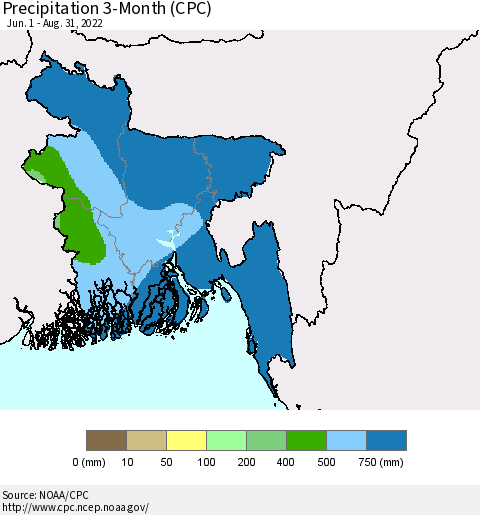 Bangladesh Precipitation 3-Month (CPC) Thematic Map For 6/1/2022 - 8/31/2022
