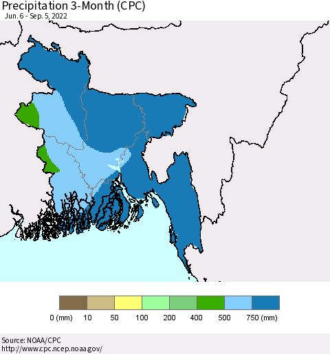 Bangladesh Precipitation 3-Month (CPC) Thematic Map For 6/6/2022 - 9/5/2022