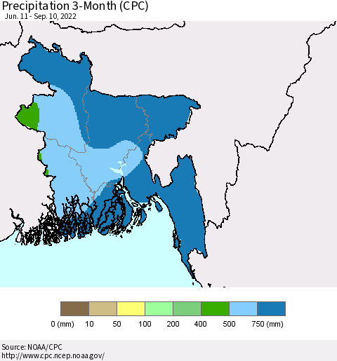 Bangladesh Precipitation 3-Month (CPC) Thematic Map For 6/11/2022 - 9/10/2022