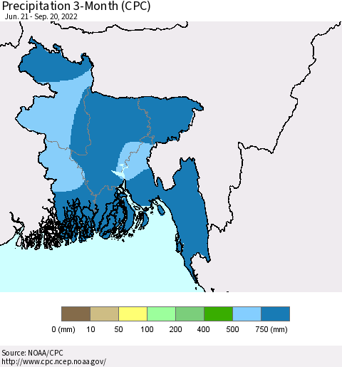 Bangladesh Precipitation 3-Month (CPC) Thematic Map For 6/21/2022 - 9/20/2022