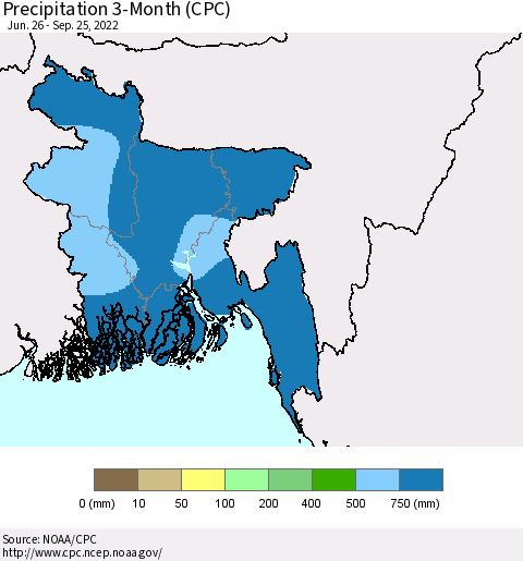 Bangladesh Precipitation 3-Month (CPC) Thematic Map For 6/26/2022 - 9/25/2022