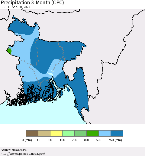 Bangladesh Precipitation 3-Month (CPC) Thematic Map For 7/1/2022 - 9/30/2022