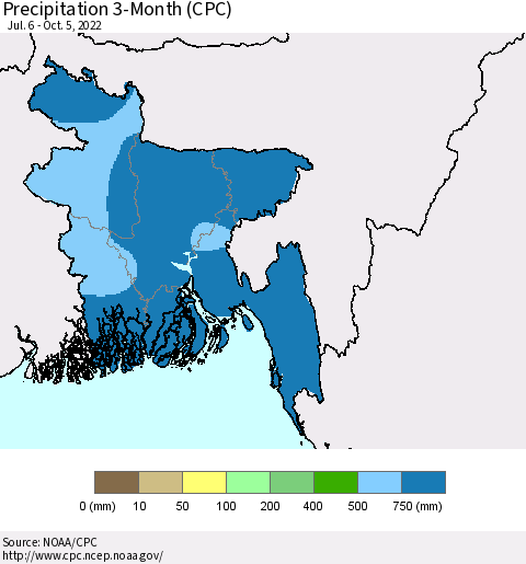 Bangladesh Precipitation 3-Month (CPC) Thematic Map For 7/6/2022 - 10/5/2022