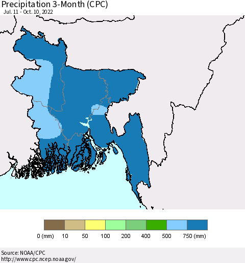 Bangladesh Precipitation 3-Month (CPC) Thematic Map For 7/11/2022 - 10/10/2022