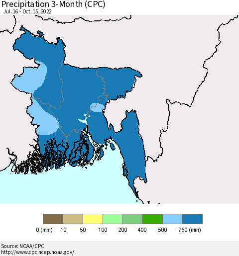 Bangladesh Precipitation 3-Month (CPC) Thematic Map For 7/16/2022 - 10/15/2022