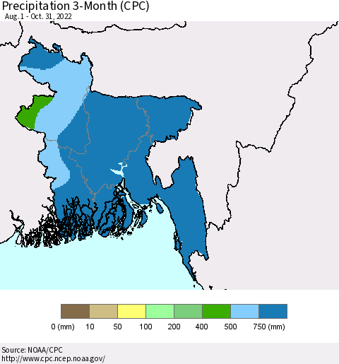 Bangladesh Precipitation 3-Month (CPC) Thematic Map For 8/1/2022 - 10/31/2022
