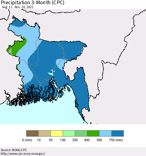 Bangladesh Precipitation 3-Month (CPC) Thematic Map For 8/11/2022 - 11/10/2022