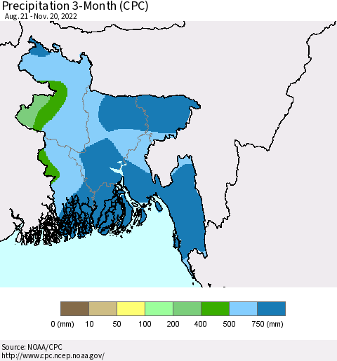 Bangladesh Precipitation 3-Month (CPC) Thematic Map For 8/21/2022 - 11/20/2022