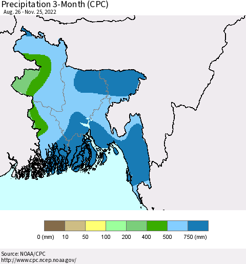 Bangladesh Precipitation 3-Month (CPC) Thematic Map For 8/26/2022 - 11/25/2022