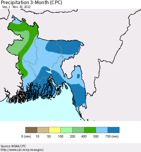 Bangladesh Precipitation 3-Month (CPC) Thematic Map For 9/1/2022 - 11/30/2022