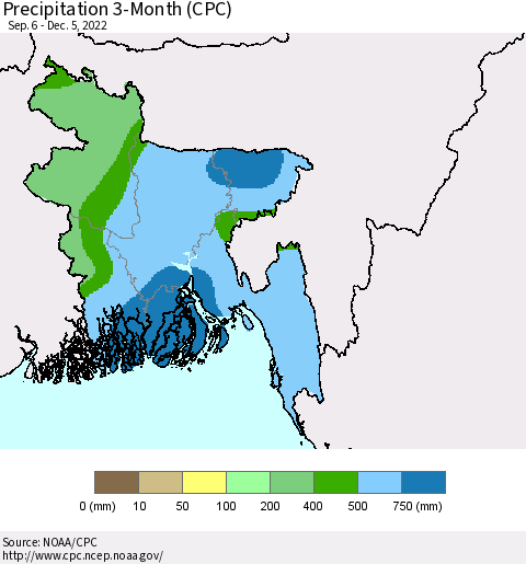 Bangladesh Precipitation 3-Month (CPC) Thematic Map For 9/6/2022 - 12/5/2022