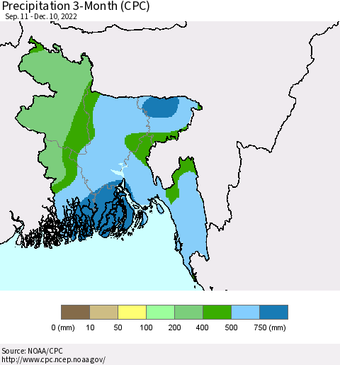 Bangladesh Precipitation 3-Month (CPC) Thematic Map For 9/11/2022 - 12/10/2022