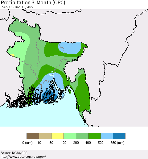 Bangladesh Precipitation 3-Month (CPC) Thematic Map For 9/16/2022 - 12/15/2022
