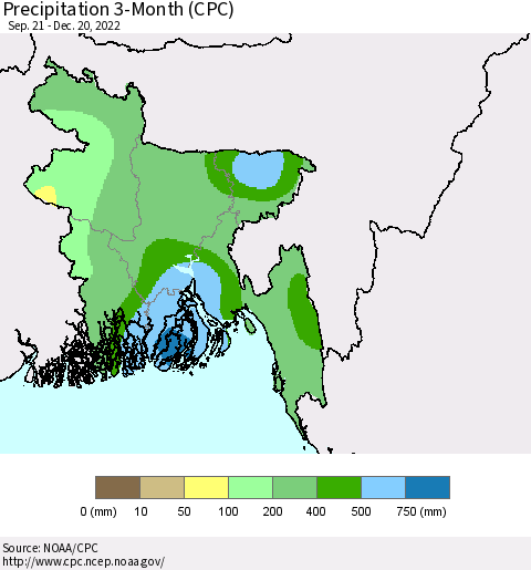 Bangladesh Precipitation 3-Month (CPC) Thematic Map For 9/21/2022 - 12/20/2022