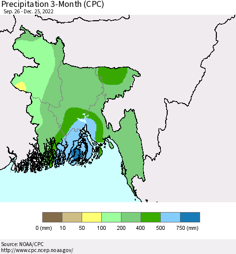 Bangladesh Precipitation 3-Month (CPC) Thematic Map For 9/26/2022 - 12/25/2022