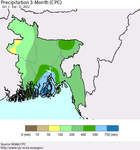 Bangladesh Precipitation 3-Month (CPC) Thematic Map For 10/1/2022 - 12/31/2022