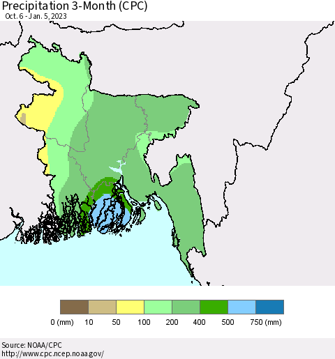 Bangladesh Precipitation 3-Month (CPC) Thematic Map For 10/6/2022 - 1/5/2023