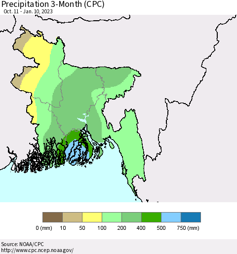 Bangladesh Precipitation 3-Month (CPC) Thematic Map For 10/11/2022 - 1/10/2023