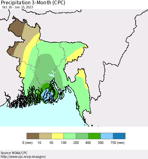 Bangladesh Precipitation 3-Month (CPC) Thematic Map For 10/16/2022 - 1/15/2023