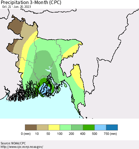 Bangladesh Precipitation 3-Month (CPC) Thematic Map For 10/21/2022 - 1/20/2023