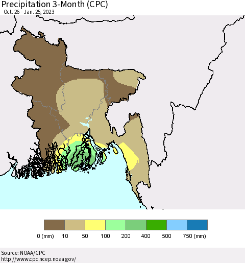 Bangladesh Precipitation 3-Month (CPC) Thematic Map For 10/26/2022 - 1/25/2023