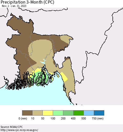 Bangladesh Precipitation 3-Month (CPC) Thematic Map For 11/1/2022 - 1/31/2023