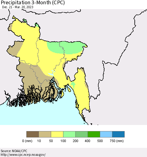 Bangladesh Precipitation 3-Month (CPC) Thematic Map For 12/21/2022 - 3/20/2023