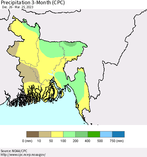 Bangladesh Precipitation 3-Month (CPC) Thematic Map For 12/26/2022 - 3/25/2023