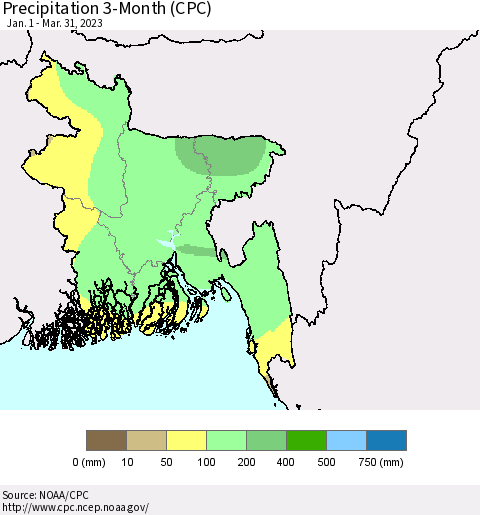 Bangladesh Precipitation 3-Month (CPC) Thematic Map For 1/1/2023 - 3/31/2023
