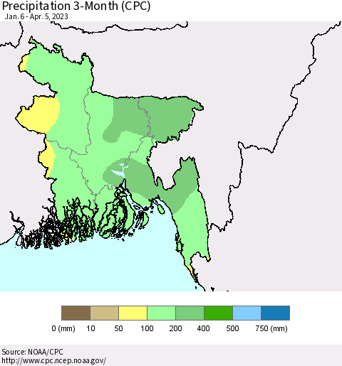 Bangladesh Precipitation 3-Month (CPC) Thematic Map For 1/6/2023 - 4/5/2023