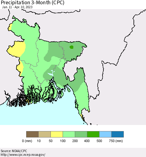 Bangladesh Precipitation 3-Month (CPC) Thematic Map For 1/11/2023 - 4/10/2023