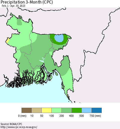 Bangladesh Precipitation 3-Month (CPC) Thematic Map For 2/1/2023 - 4/30/2023