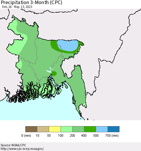 Bangladesh Precipitation 3-Month (CPC) Thematic Map For 2/16/2023 - 5/15/2023