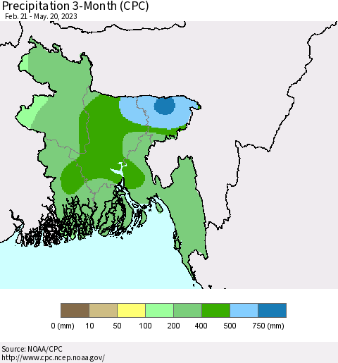 Bangladesh Precipitation 3-Month (CPC) Thematic Map For 2/21/2023 - 5/20/2023
